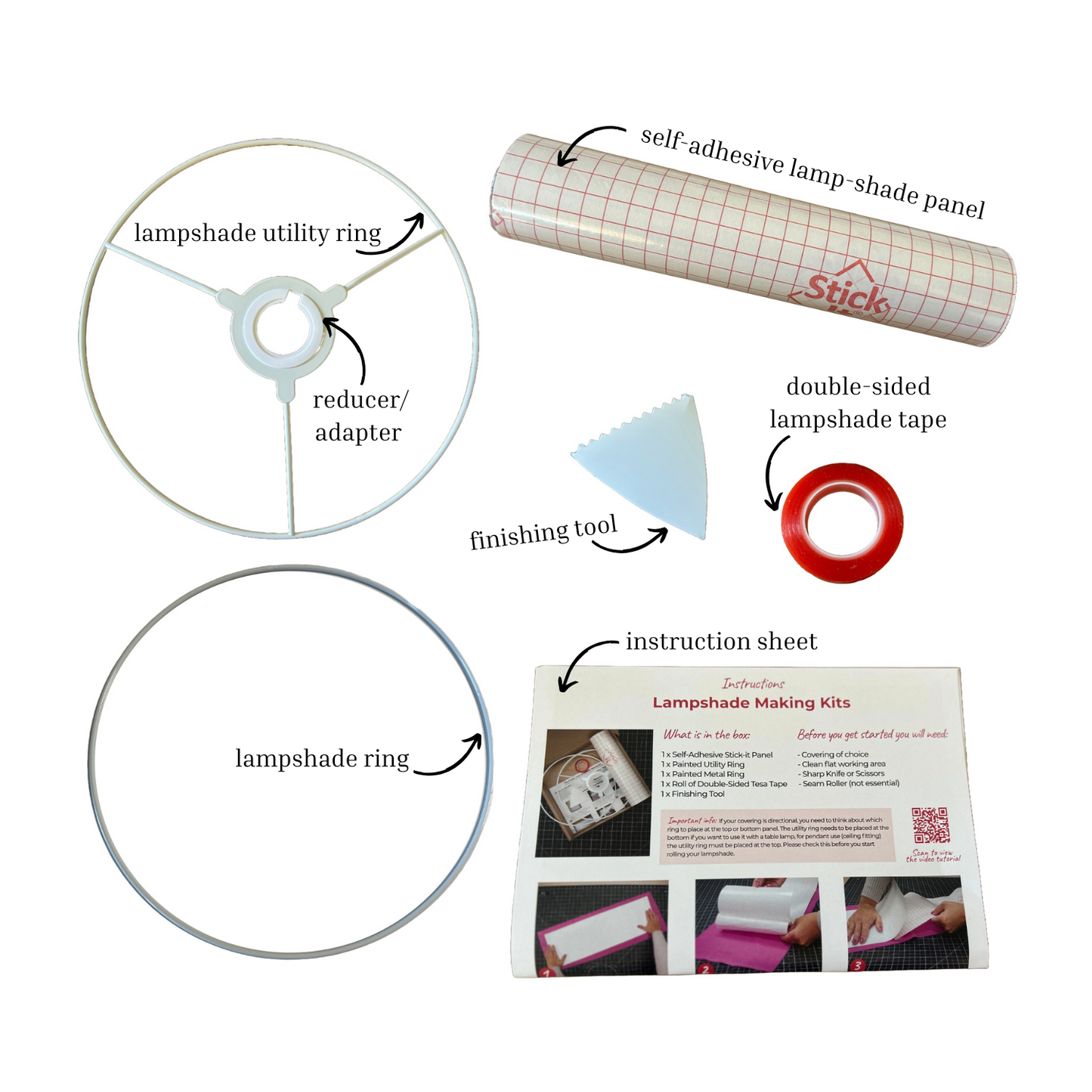 Lampshade making kit contents, utility ring, lampshade ring, reducer/adapter, self-adhesive lamp-shade panel, double-sided tape, finishing tool, instruction sheet