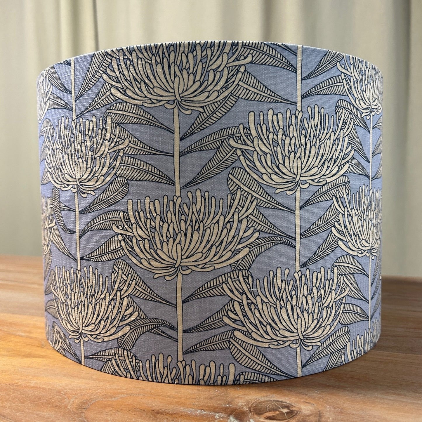 Powder blue protea pattern lampshade, front view