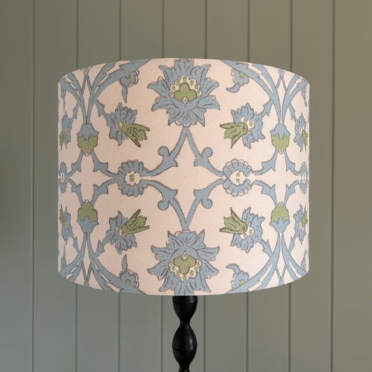 Decorative blue and green lampshade with floral damask pattern