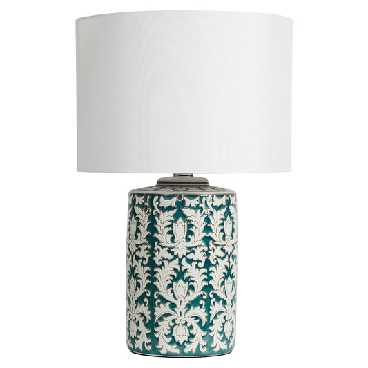 Decorative table lamp with a patterned base and white shade on a white background
