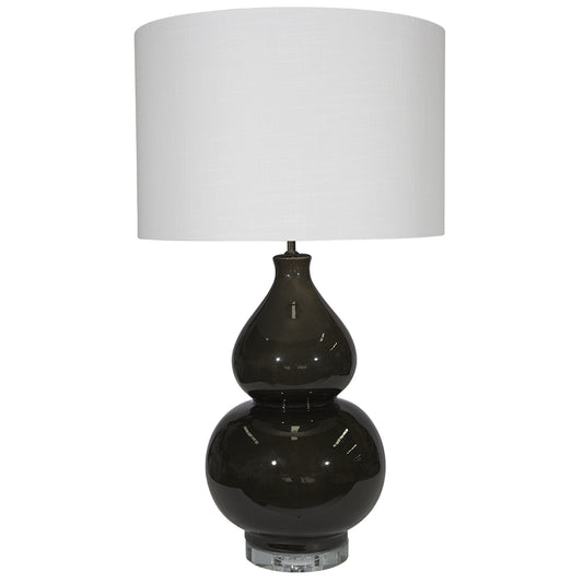 Black table lamp with a white shade on a white background