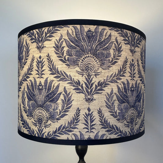 Decorative lampshade with blue leaf pattern on natural genuine linen with navy trim