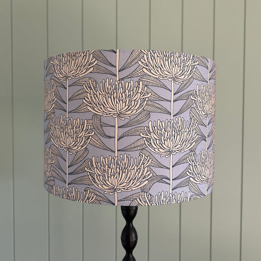 Floral patterned lampshade with protea botanical native floral design fabric