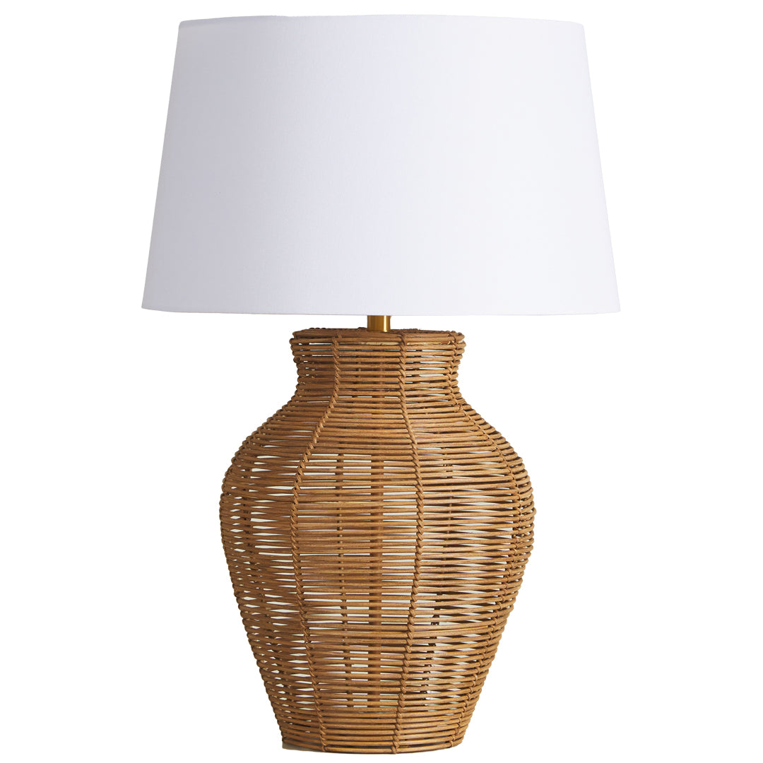 Rattan handwoven lamp base with white lampshade on a white background
