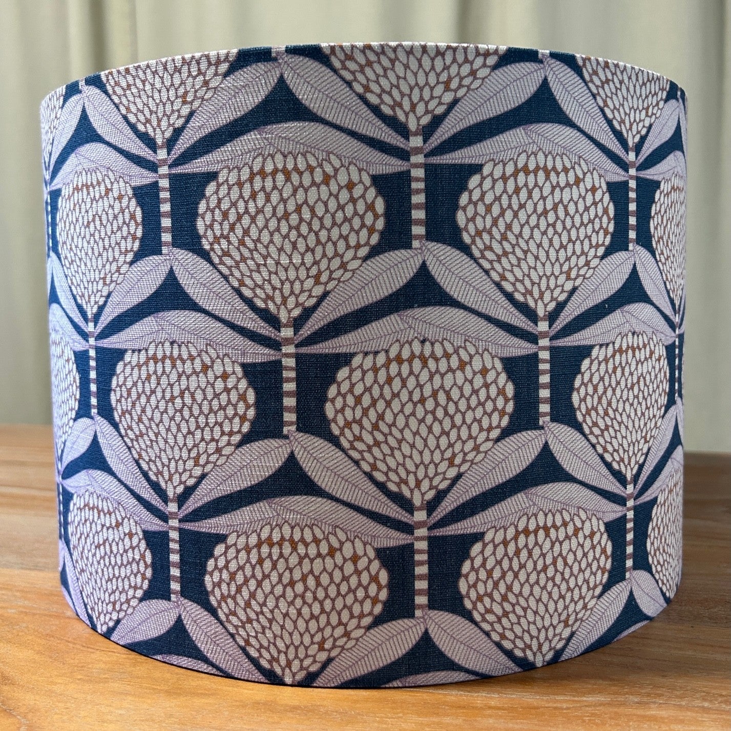 Banksia pattern deep blue handmade lampshade, front view