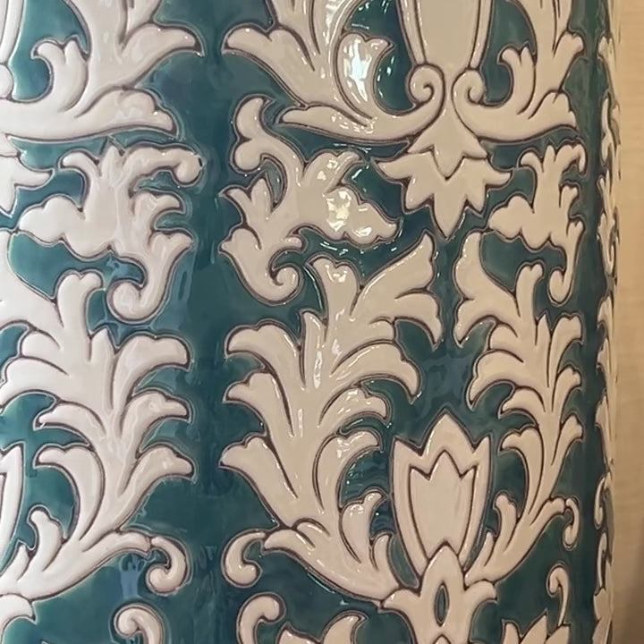 Closeup short video of the blue green and white ceramic detail of the lamp